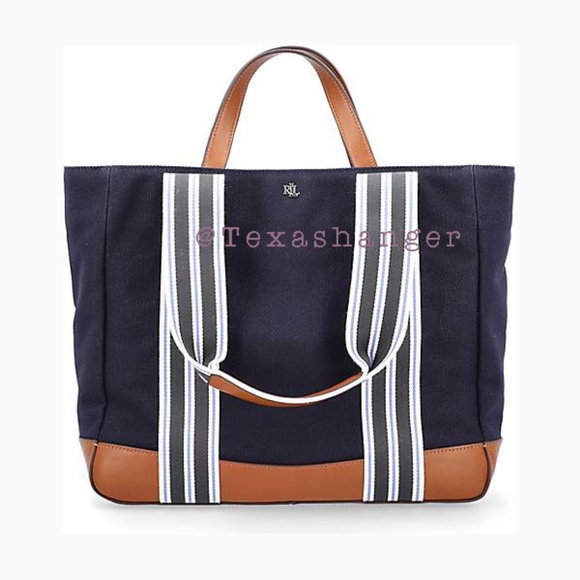 NWT Lauren Ralph Lauren Lora Stripe Detail Canvas Tote Bag Navy - Picture 9 of 16